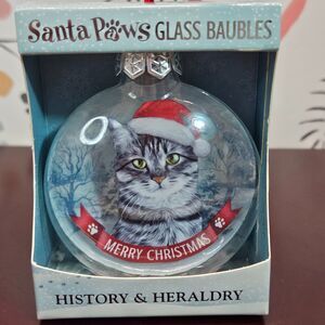 NIB "Santa Paws" Glass Christmas Tree Bauble Grey Cat Ornament